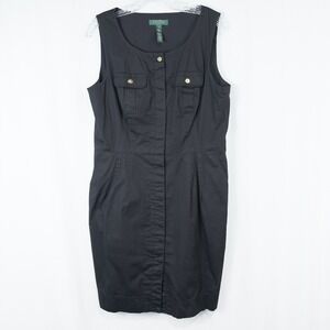 Lauren Ralph Lauren Cotton Sleeveless Button Front Dress Size 14 Black Pockets